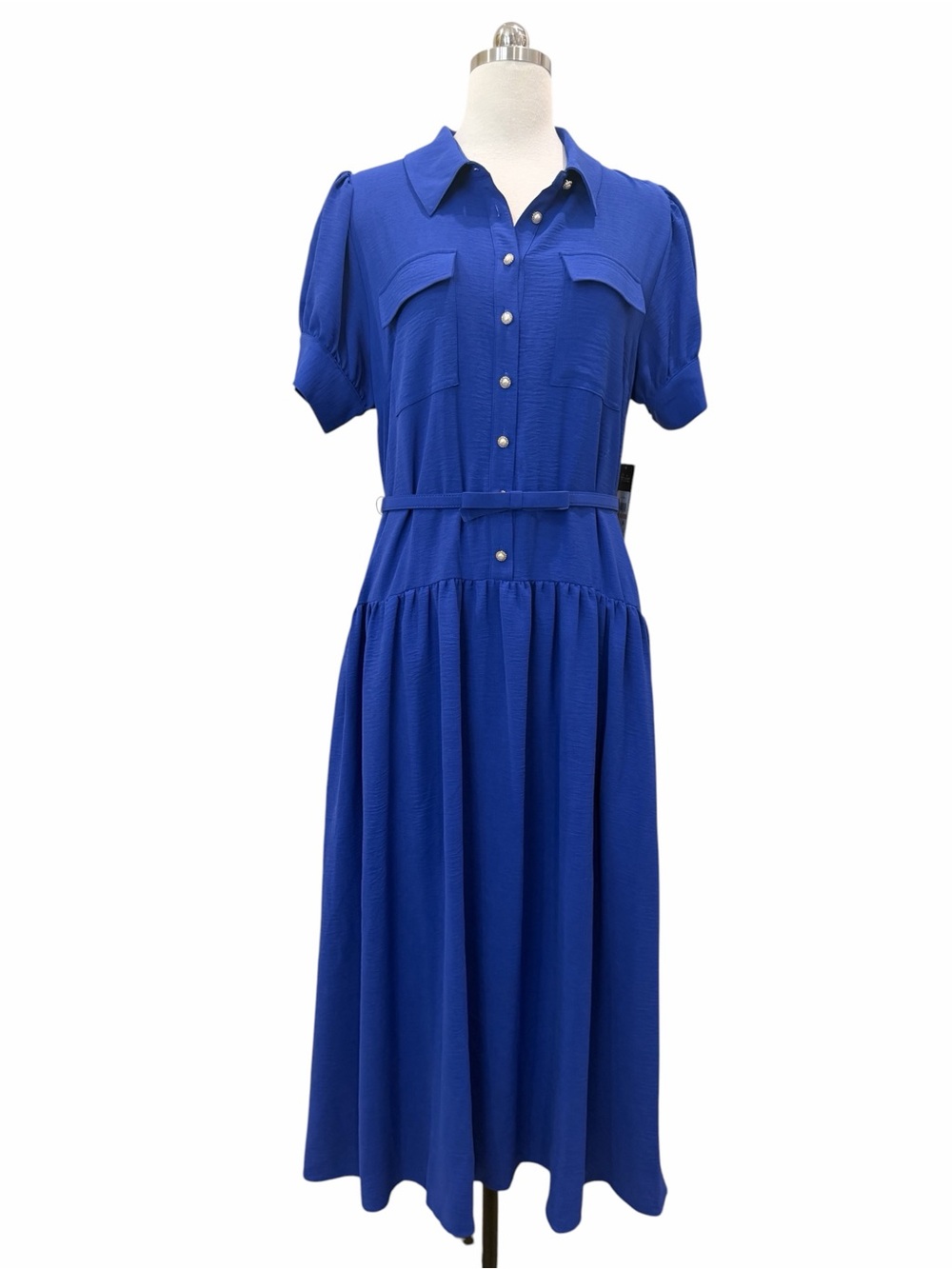 Karl Lagerfeld Belted Midi Shirt Dress Puff Sleeve Pockets Pearl Blue 12 NWT - Picture 3 of 15